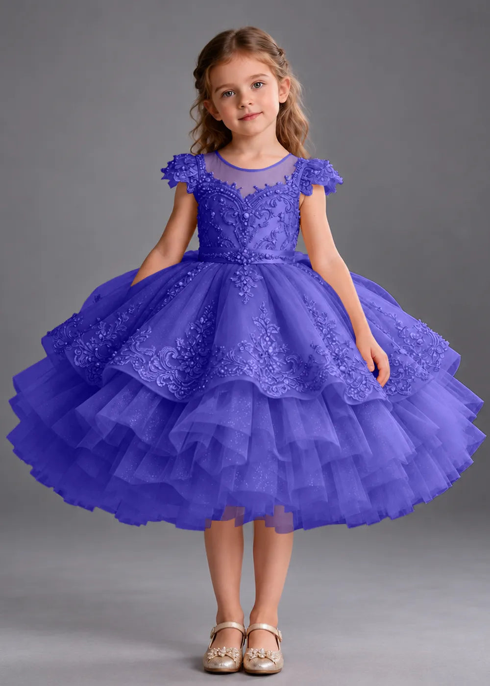 Navy Blue Flower Girl Dress with Beaded Lace and Short Ruffle Skirt