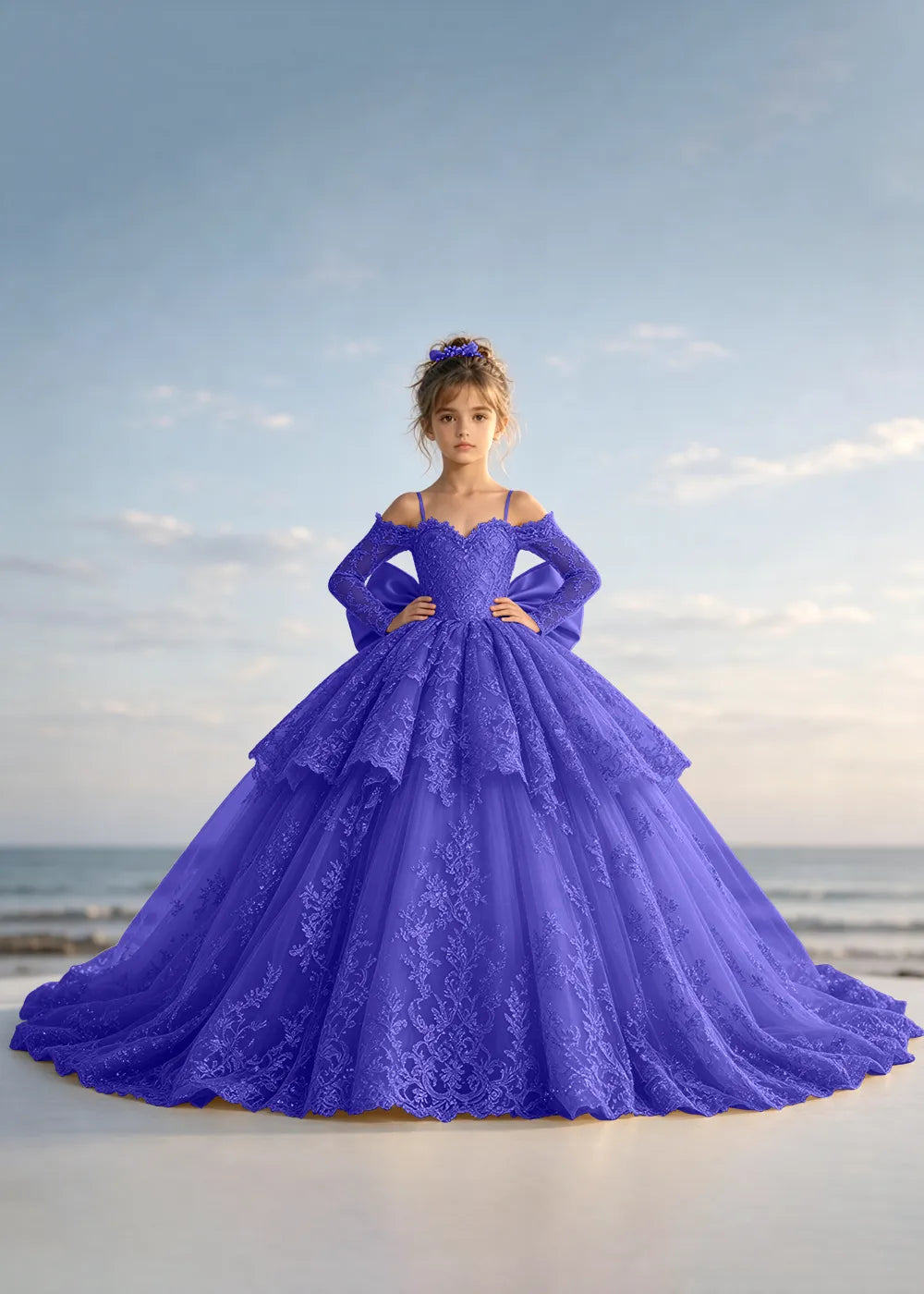 Navy Blue Lace Flower Girl Gown with Peplum and Trailing Satin Bow