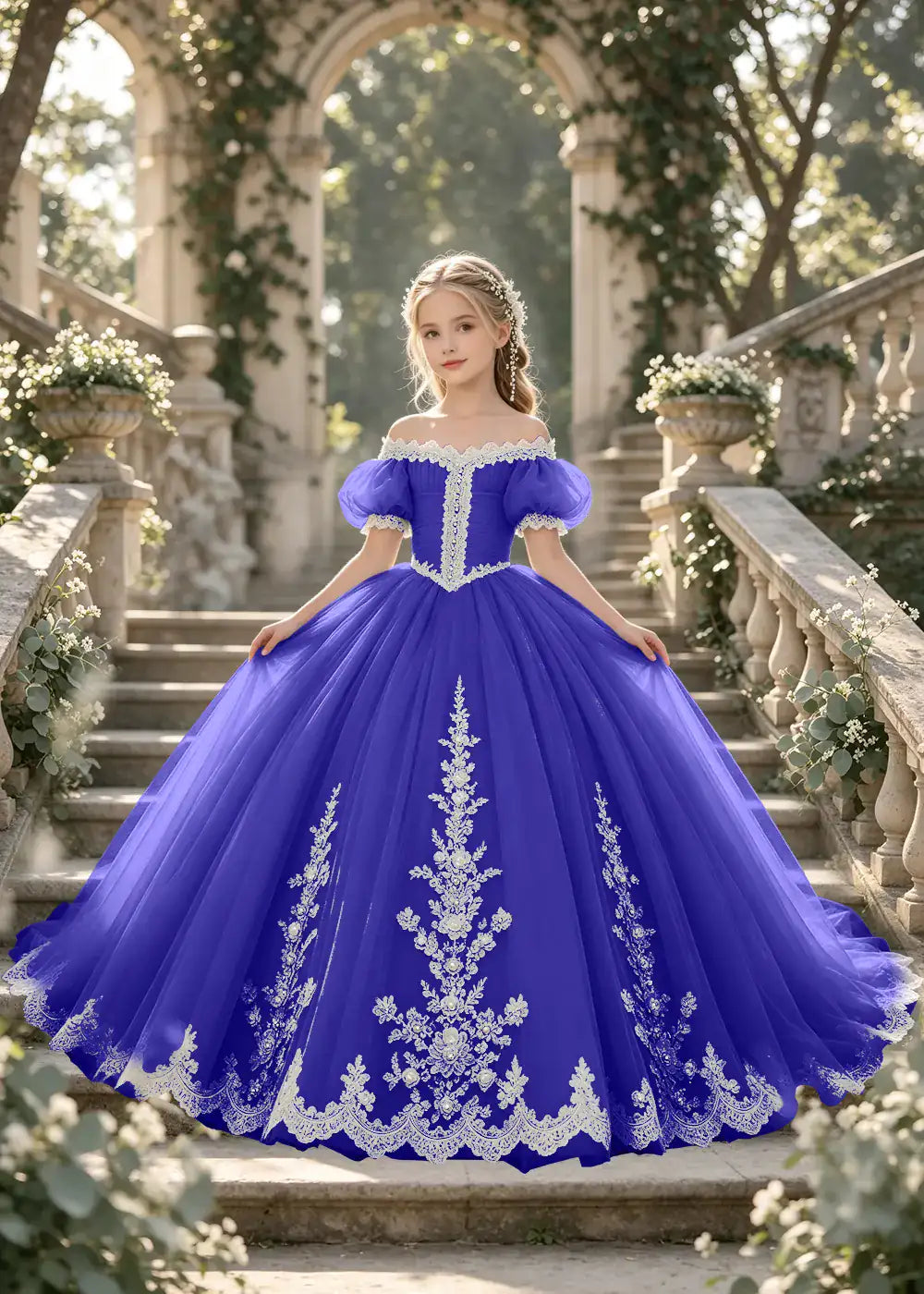 Flower girl dress in Royal Blue, front view.