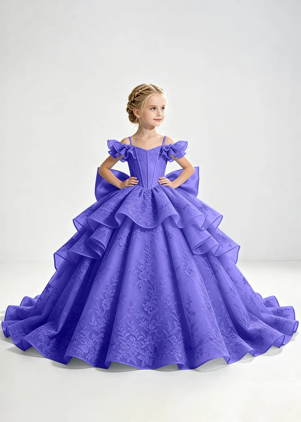 Slate Blue Lace-Up Rear-Bow Flower Girl Dress