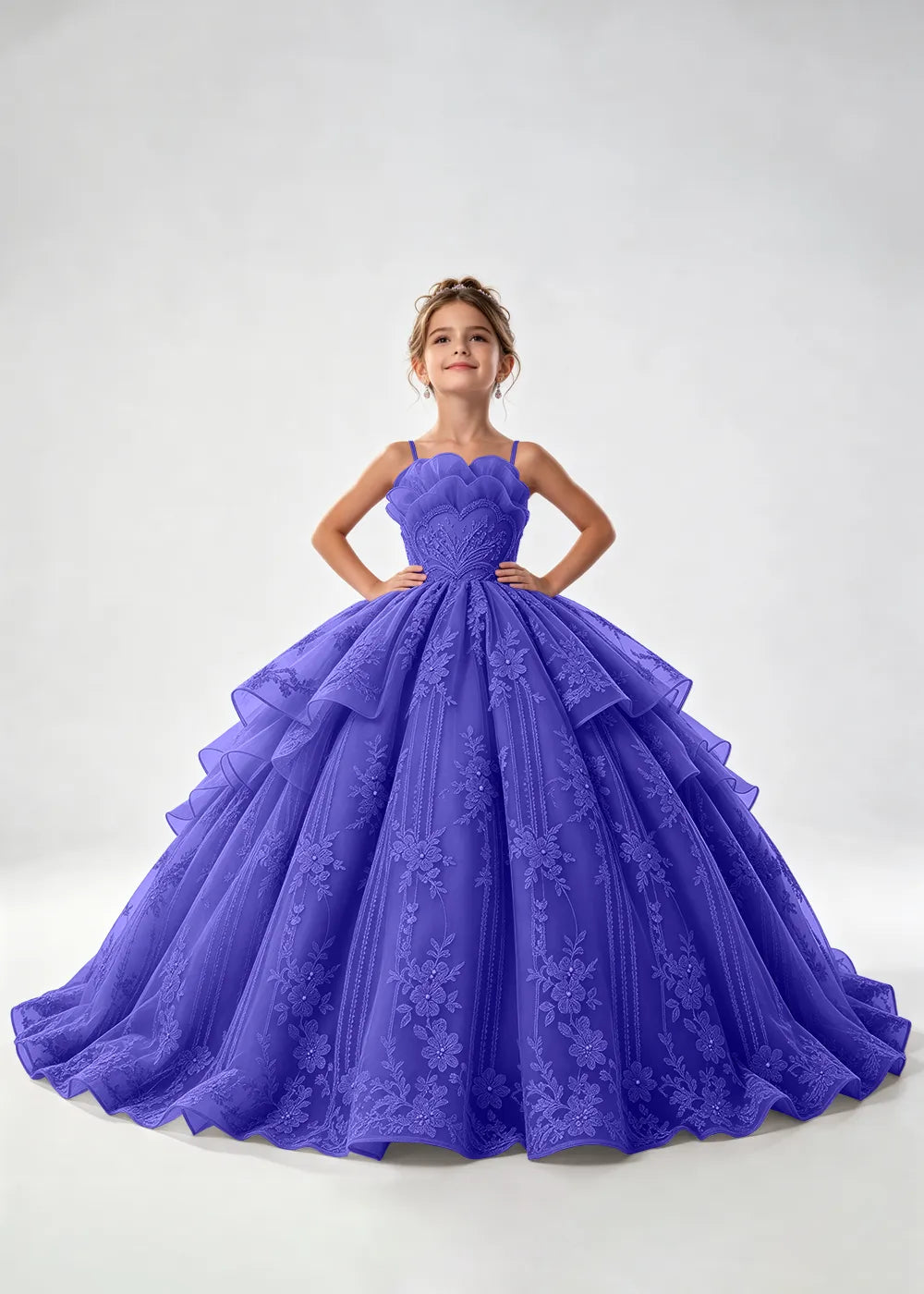 Flower girl dress in Royal Blue, front view.