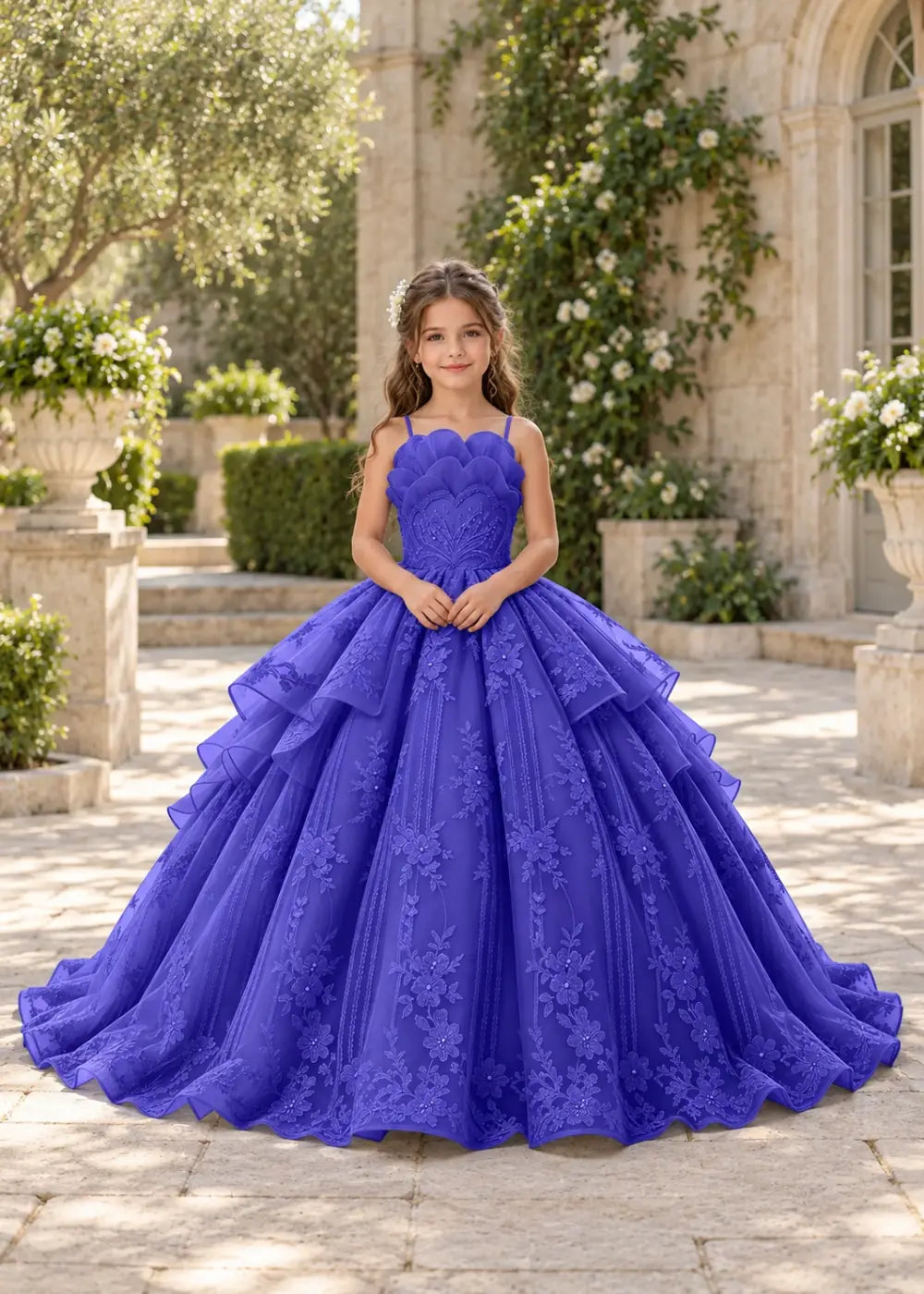 Flower girl dress in Royal Blue, front view.