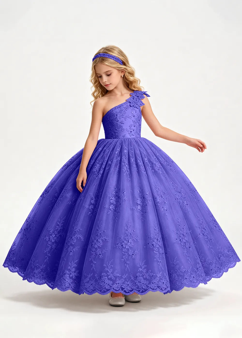 Navy One-Shoulder Flower Girl Gown with Scalloped Lace