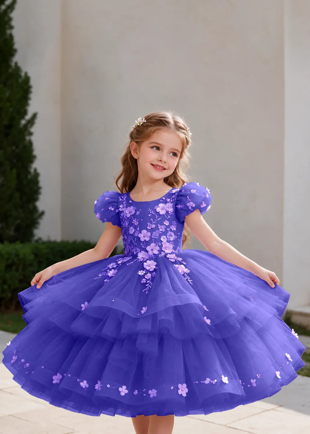 Pink Flower Girl Dress with Floral Trails and Ruffled Hem