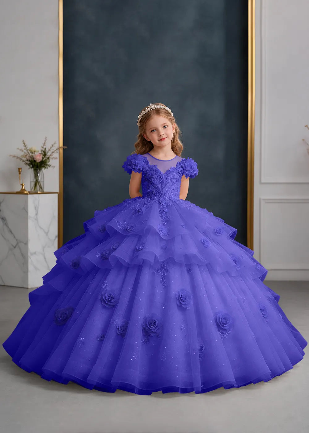 Navy Blue Flower Girl Gown with Floral Cap Sleeves and Rose Ruffles