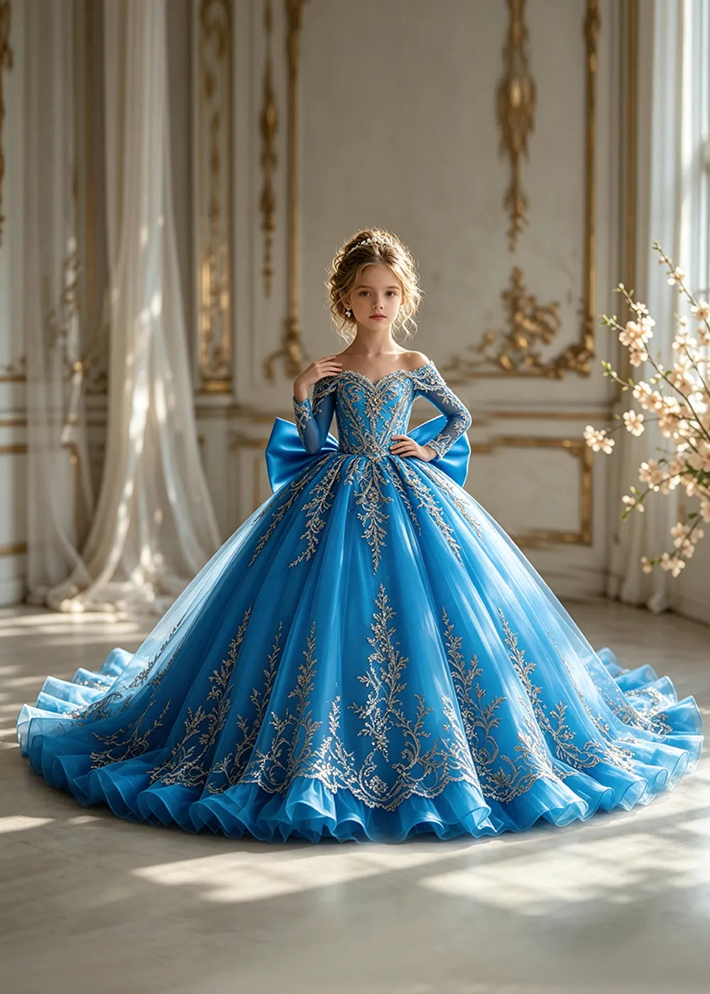 Off-Shoulder Sequin Lace Flower Girl Dress with Bow and Flounced Hem