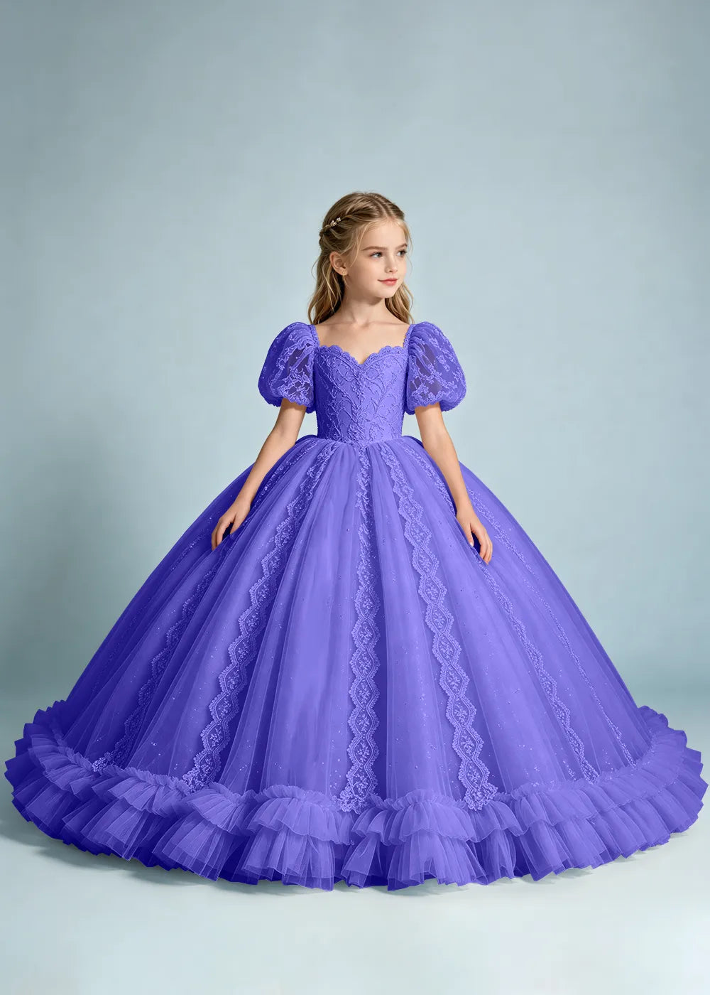 Navy Flower Girl Gown with Lace Puff Sleeves and Ruffled Hem