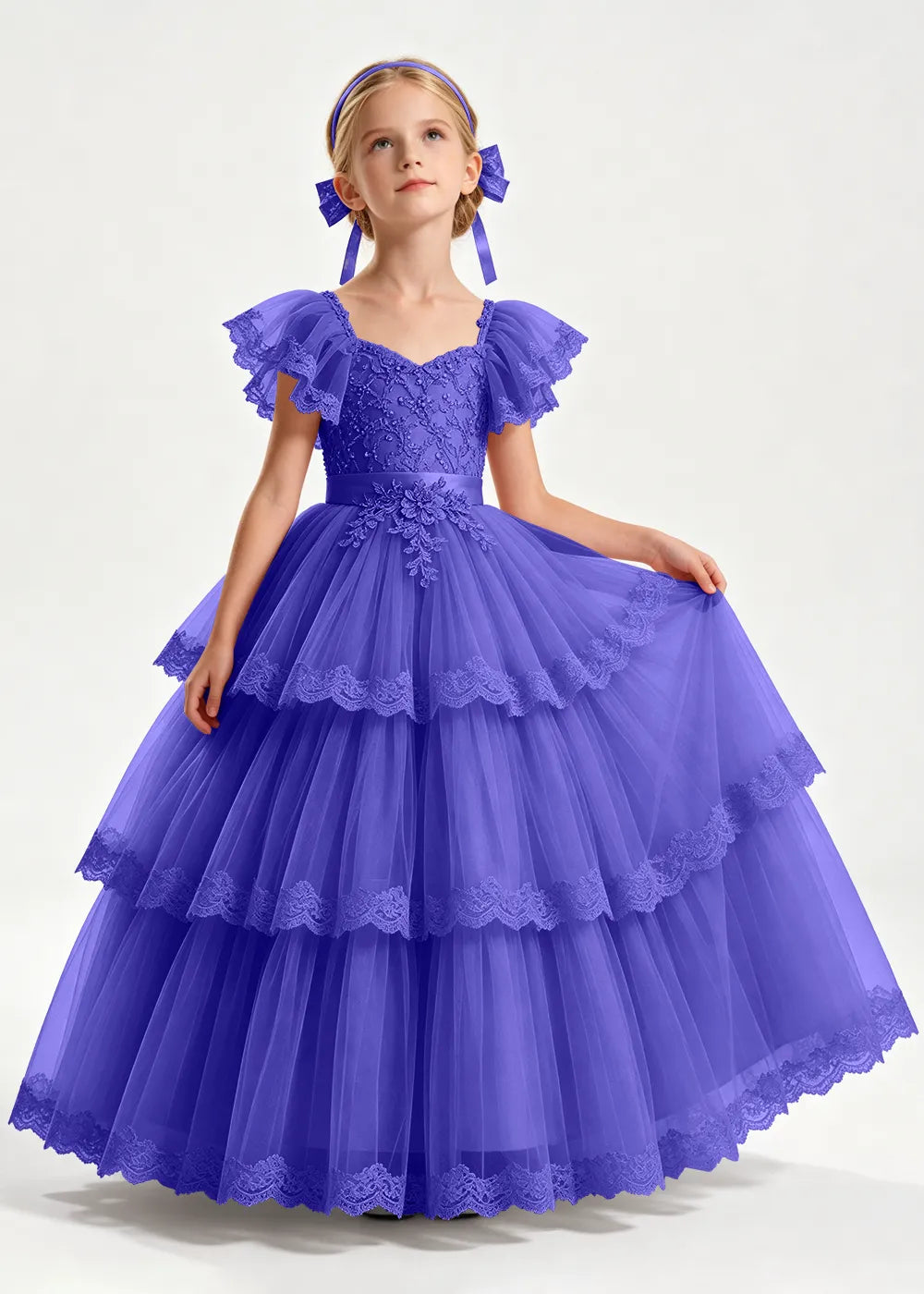 Navy Flower Girl Ball Gown with Three Lace-Edged Tiers