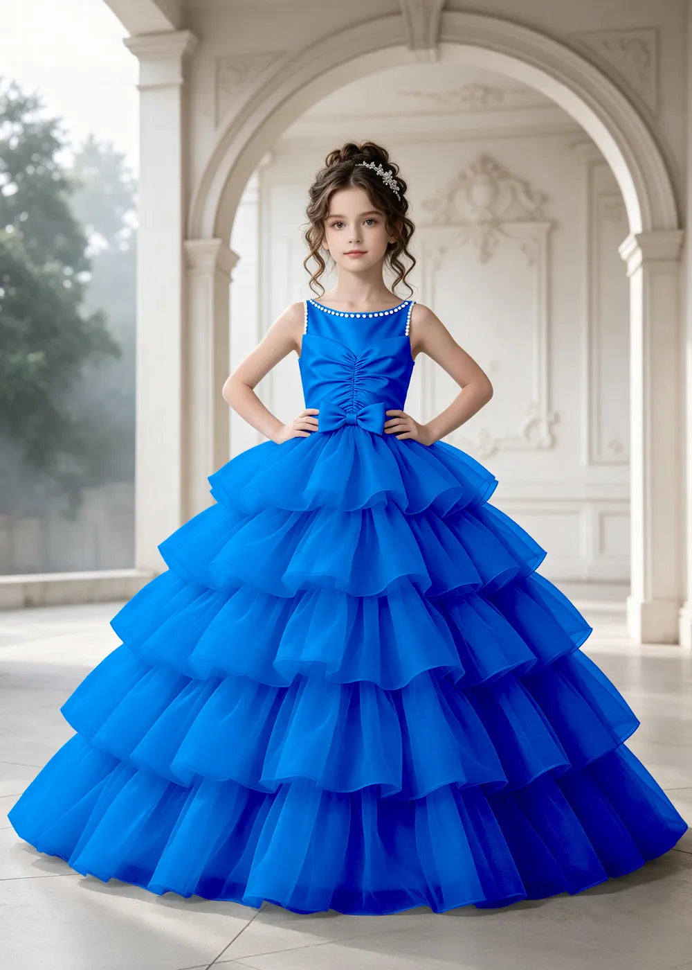 Flower girl dress in Royal Blue, front view.