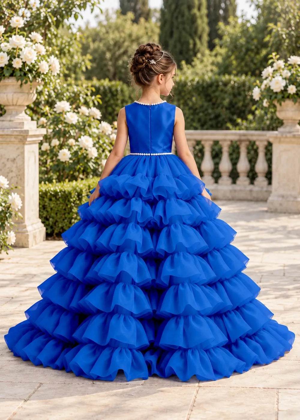 Royal Blue Pearl-Trimmed Tiered Ruffle Flower Girl Dress