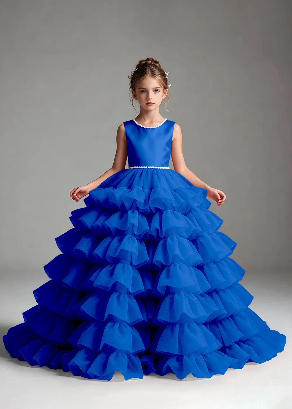 Royal Blue Pearl-Trimmed Tiered Ruffle Flower Girl Dress