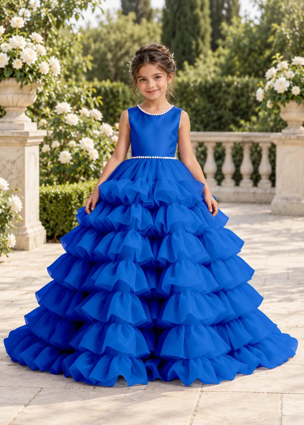 Royal Blue Pearl-Trimmed Tiered Ruffle Flower Girl Dress