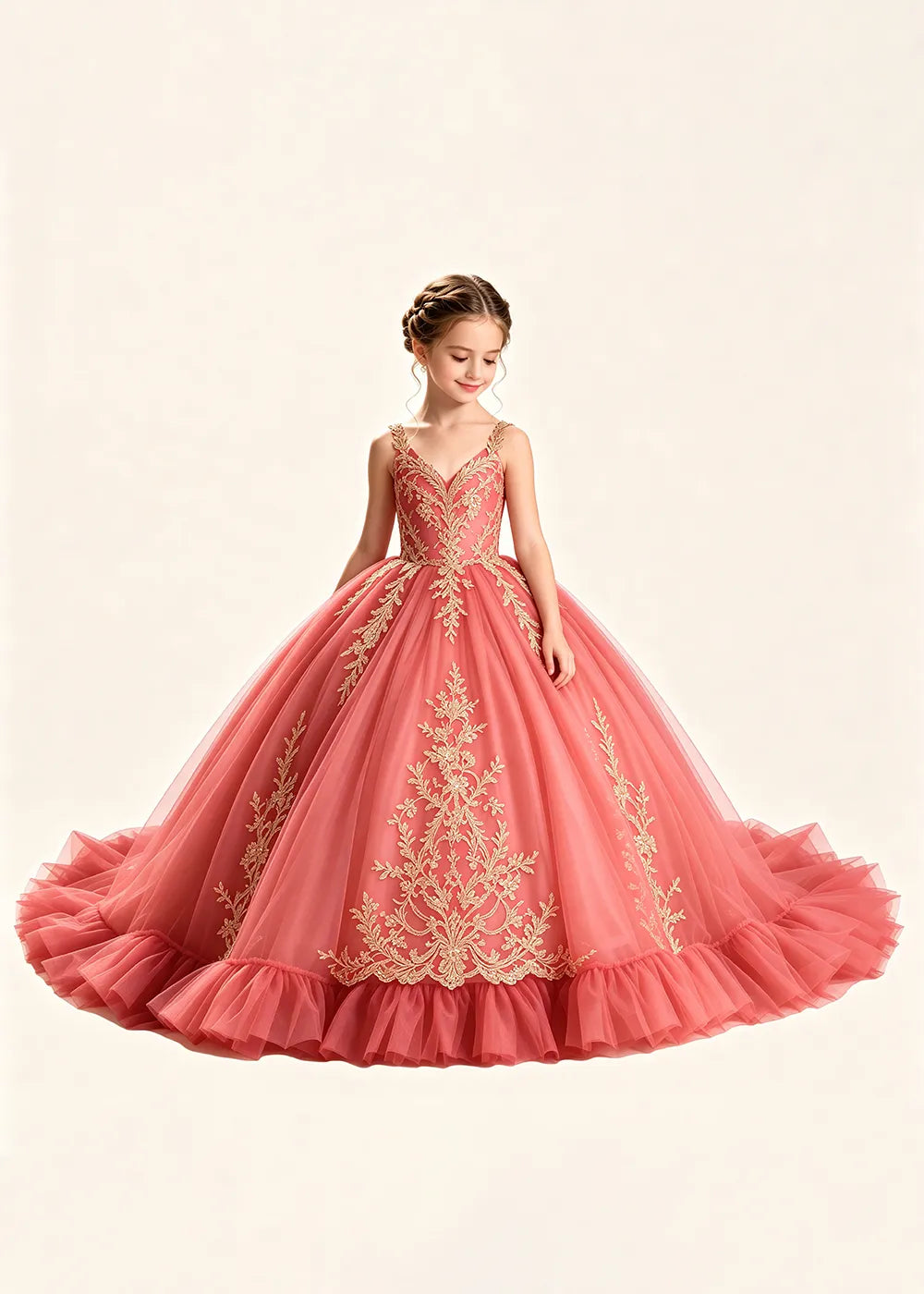 Gold Appliqué V-Neck Princess Dress for Girls