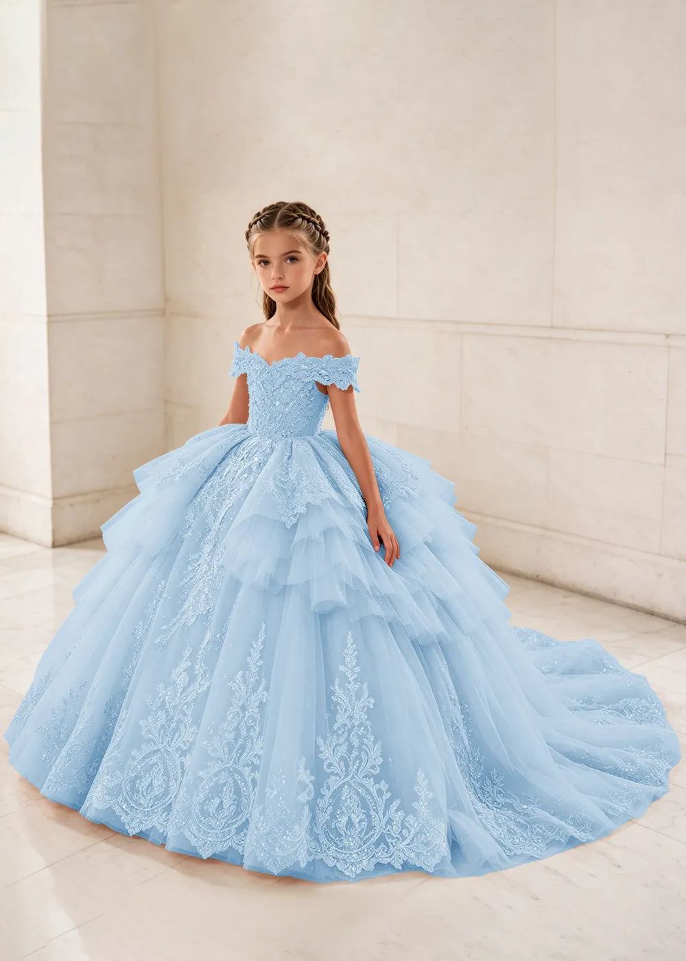 Ruffled Off Shoulder Lace Flower Girl Ball Gown Dress