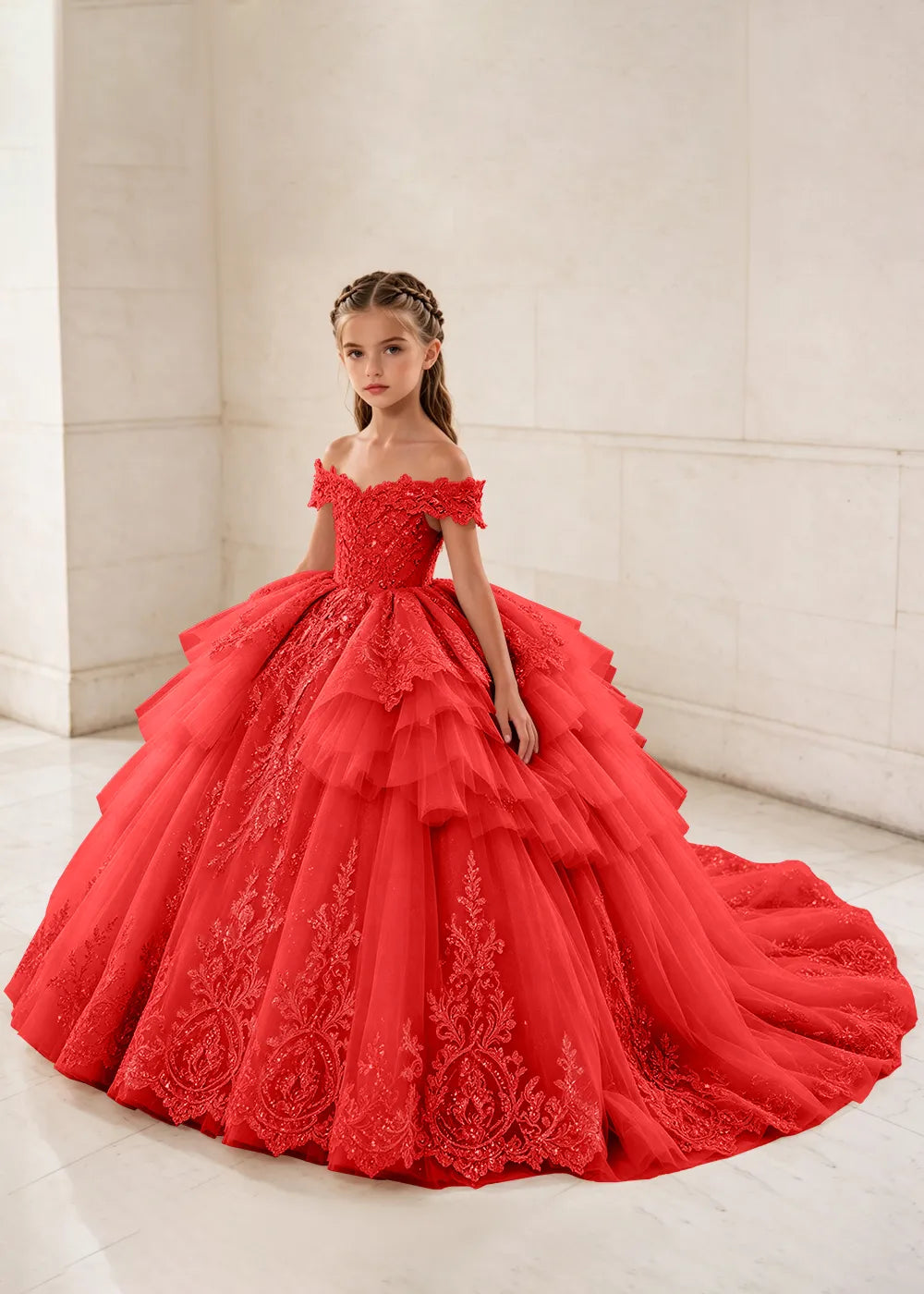 Ruffled Off Shoulder Lace Princess Dress for Girls