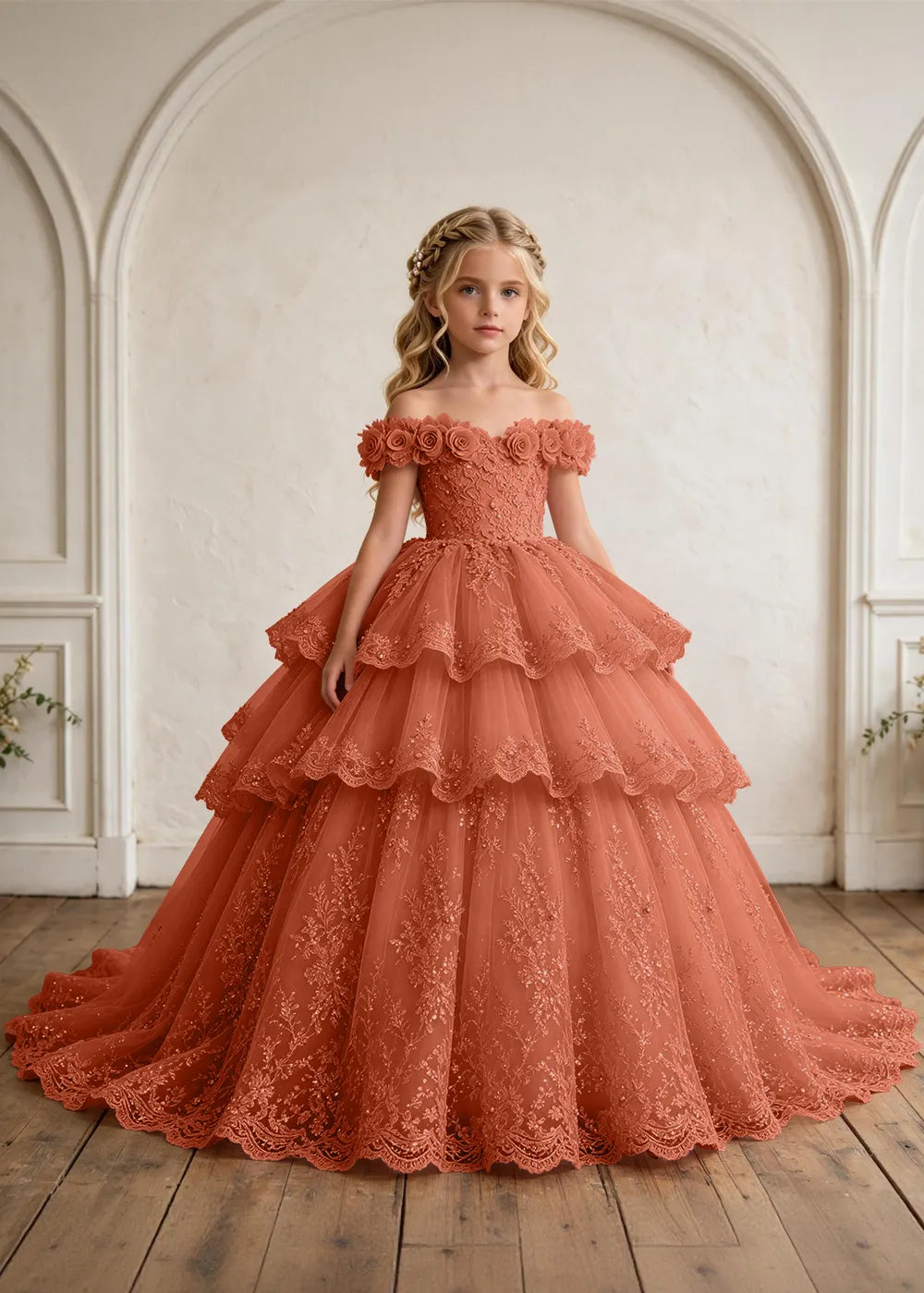 Off Shoulder Floral Lace Princess Ball Gown for Girls