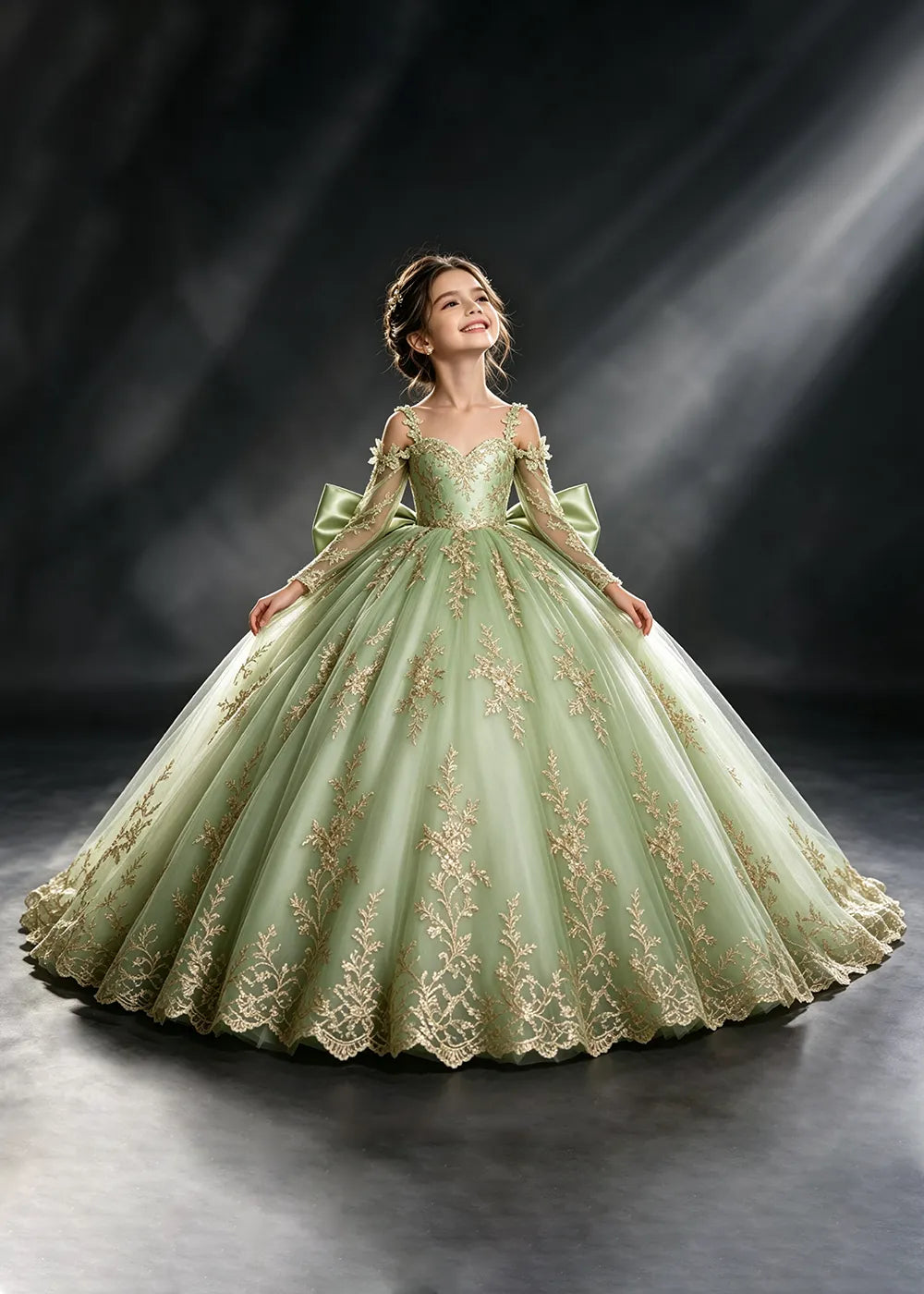 Ivory Gold Lace Flower Girl Dress with Floral Straps and Satin Bow