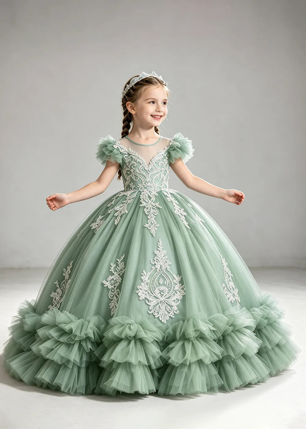 Muted Dusty Blue Flower Girl Ball Gown with White Floral Detail