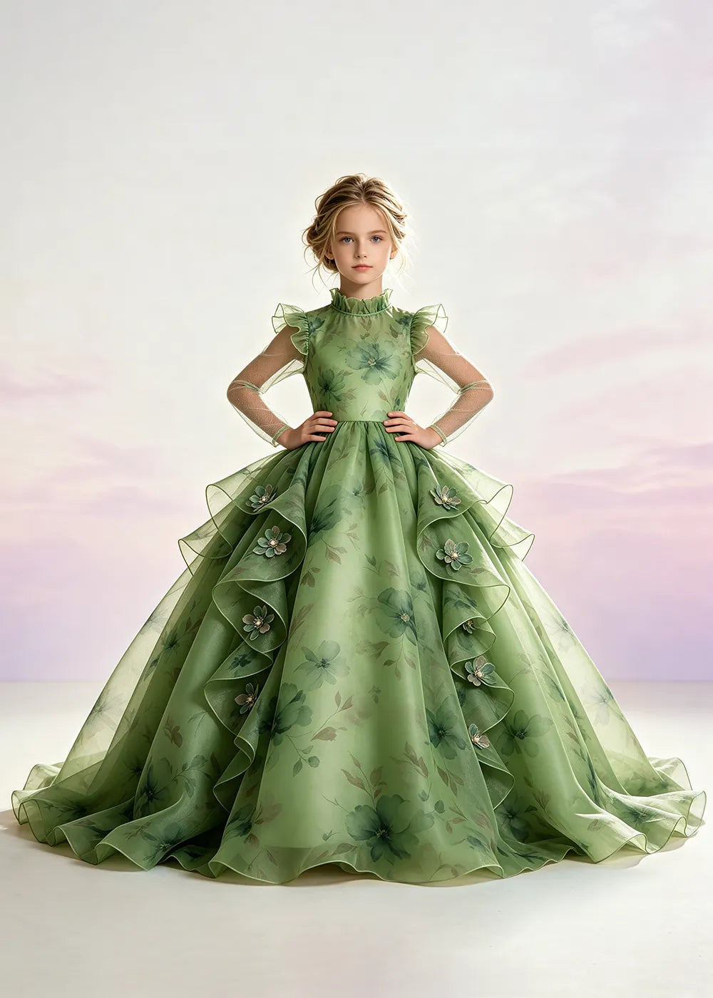 Blush Pink Floral Ruffle-Collar Flower Girl Dress