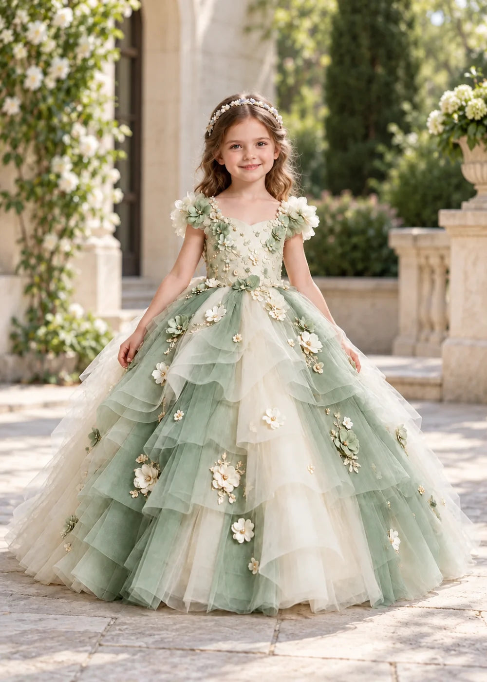 Sage Green and Ivory Flower Girl Dress with Petal Sleeves and Ruffles