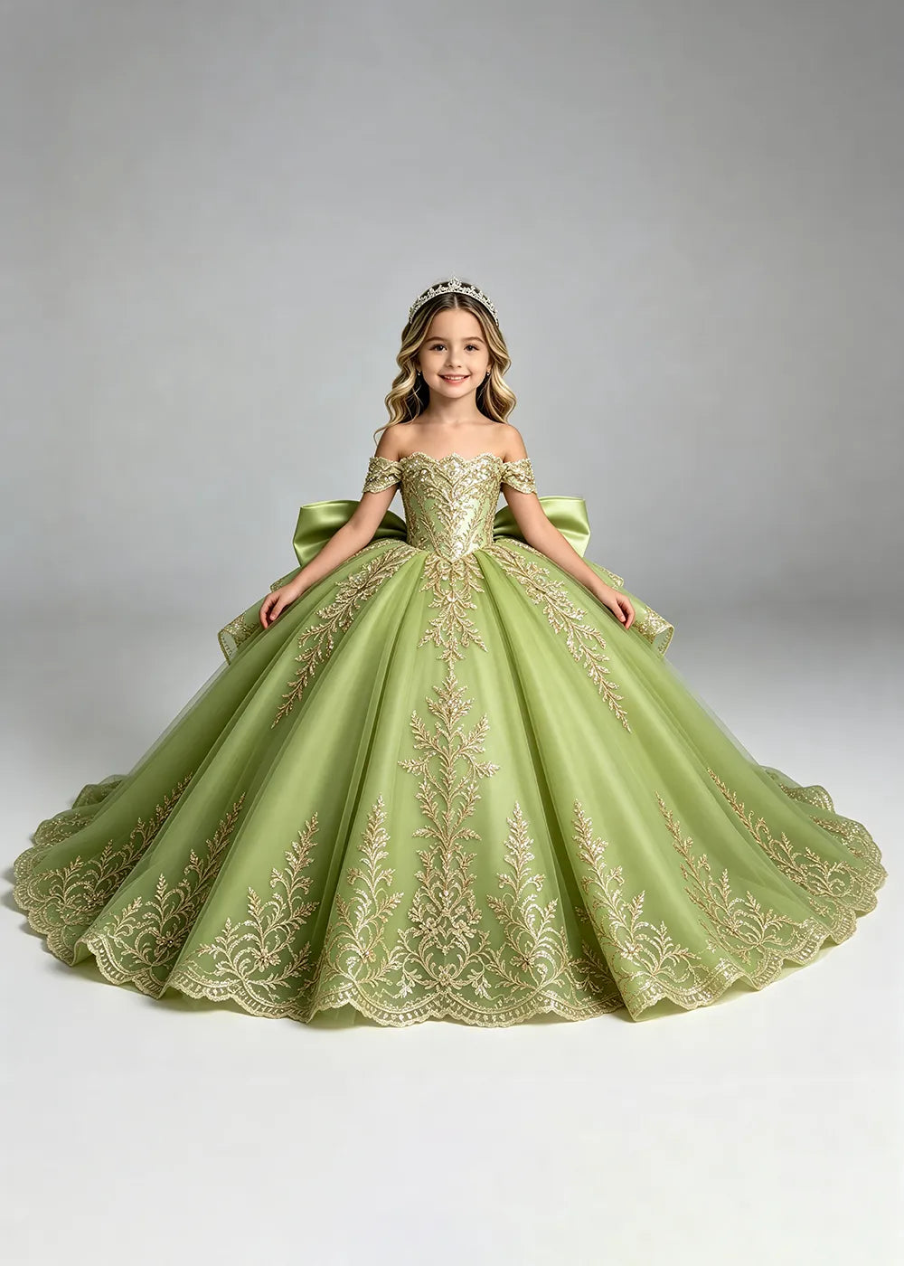 Off-Shoulder Lace Flower Girl Dress with Bow and Scalloped Hem