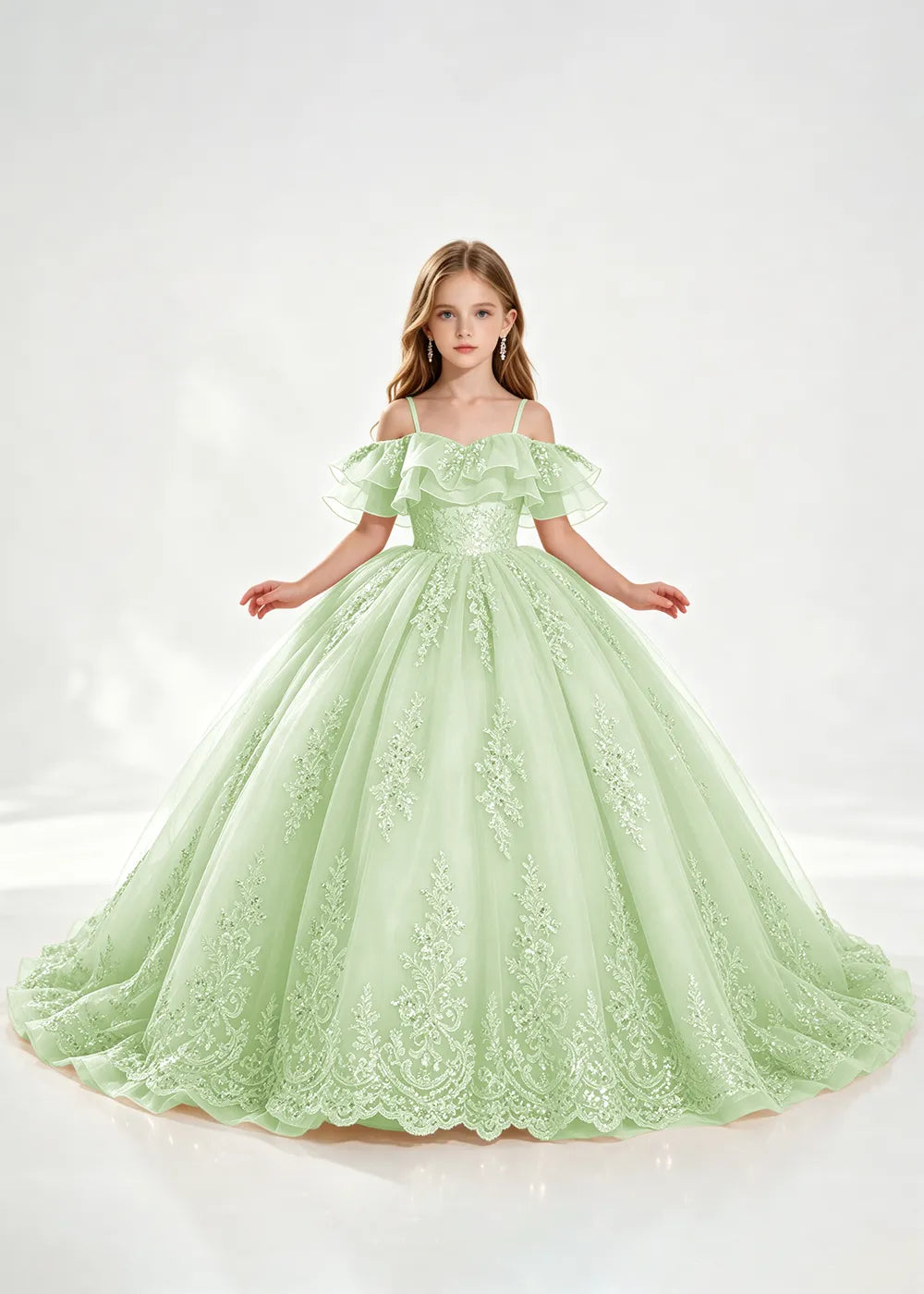 Champagne Off-Shoulder Lace-Hem Flower Girl Dress