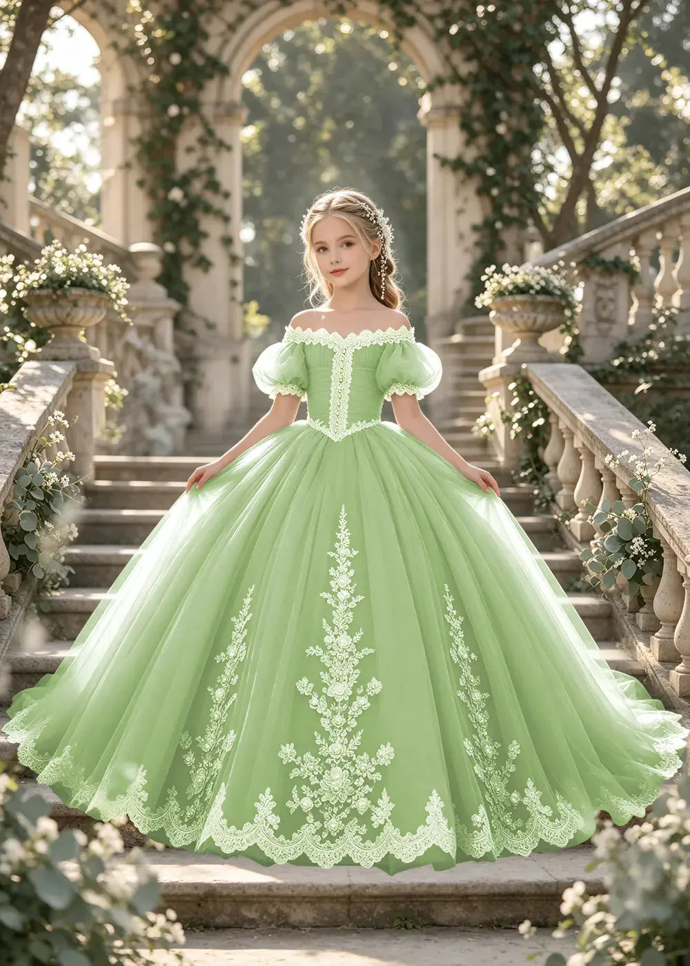 Flower girl dress in Sage Green, front view.