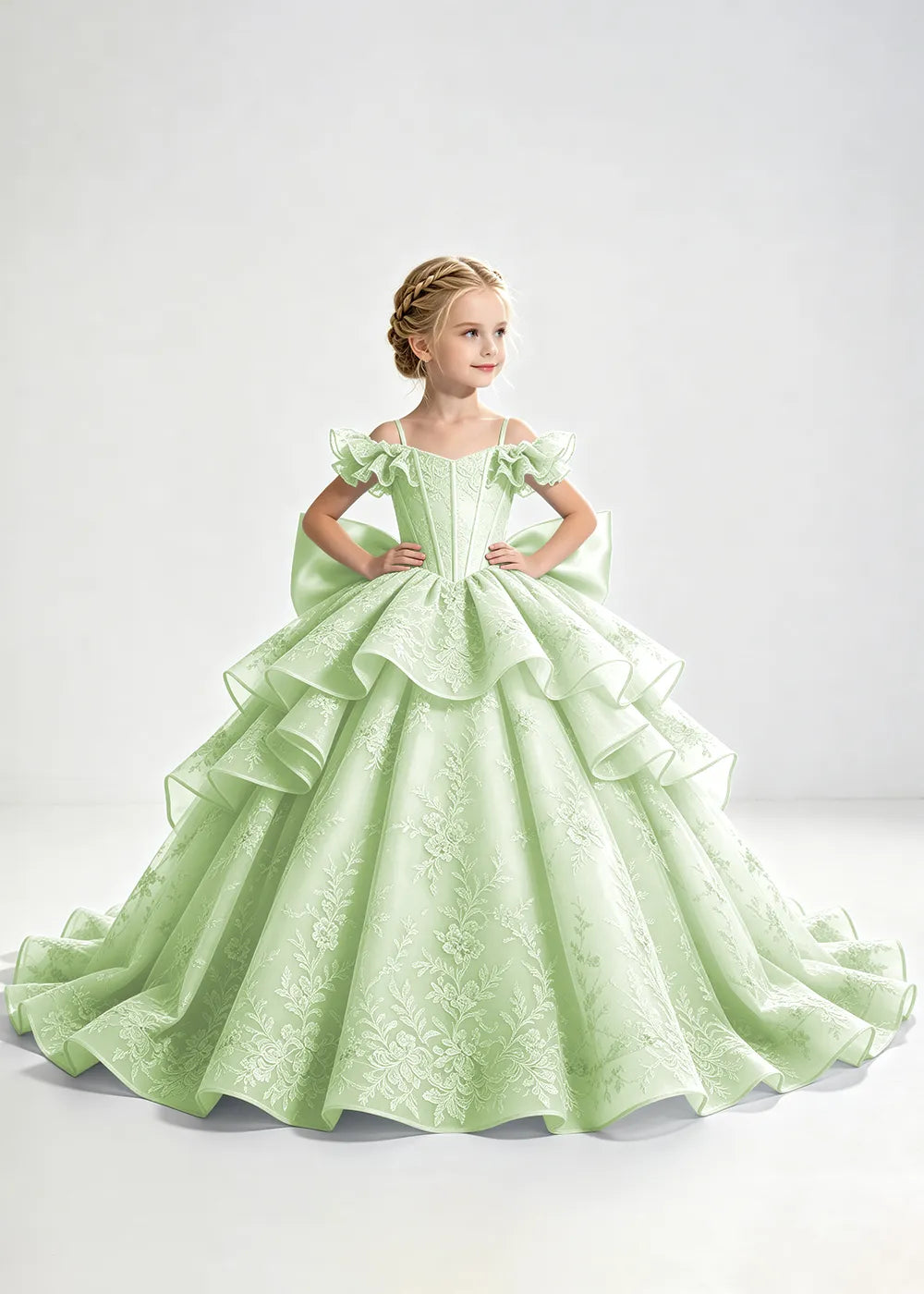 Light Blue Lace-Up Rear-Bow Flower Girl Dress