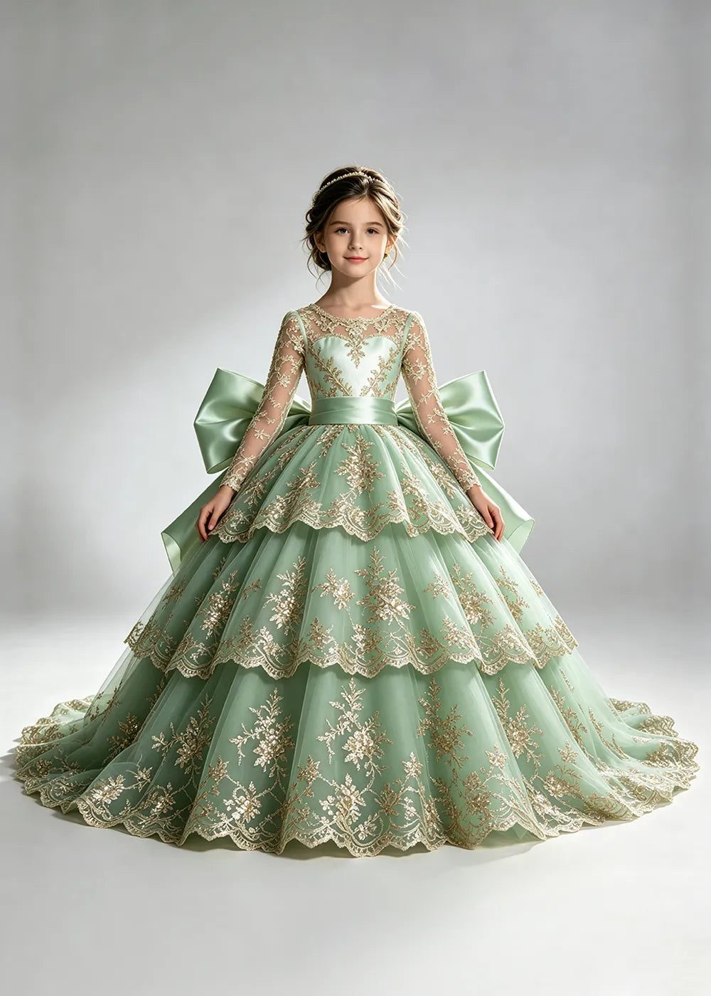 Long Sleeve Lace Flower Girl Dress with Sash Bow and Tiered Skirt