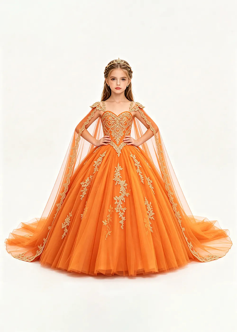 Gold Appliqué Cape Princess Dress for Girls