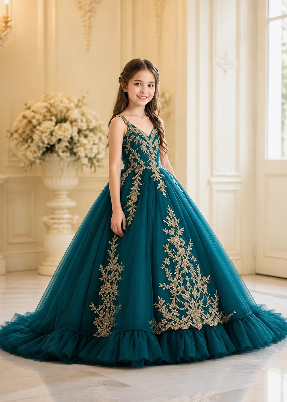 Gold Appliqué V-Neck Princess Dress for Girls