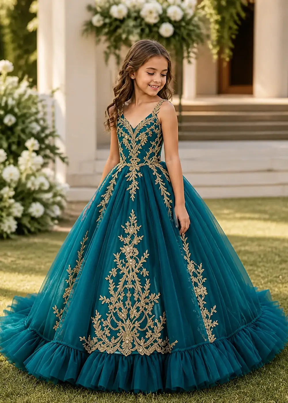 Gold Appliqué V-Neck Princess Dress for Girls