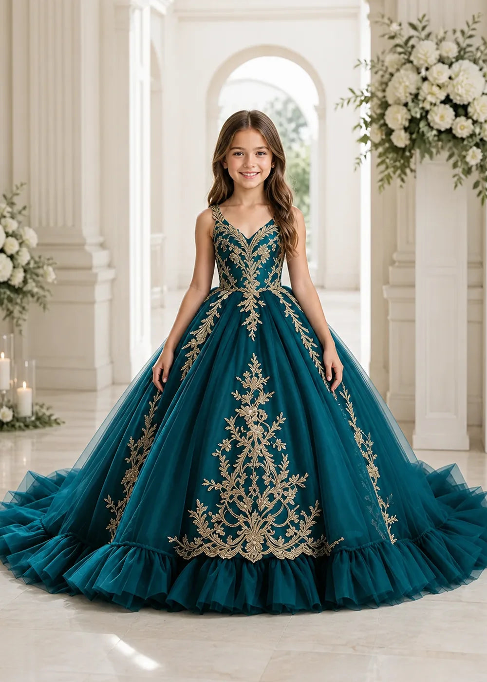 Gold Appliqué V-Neck Princess Dress for Girls