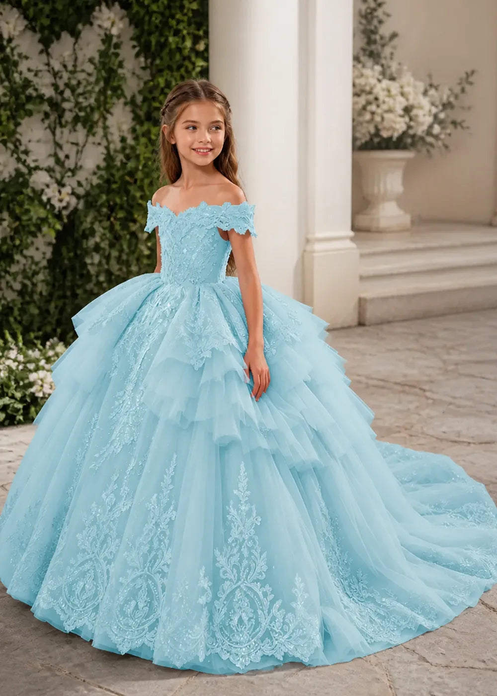 Ruffled Off Shoulder Lace Princess Dress for Girls