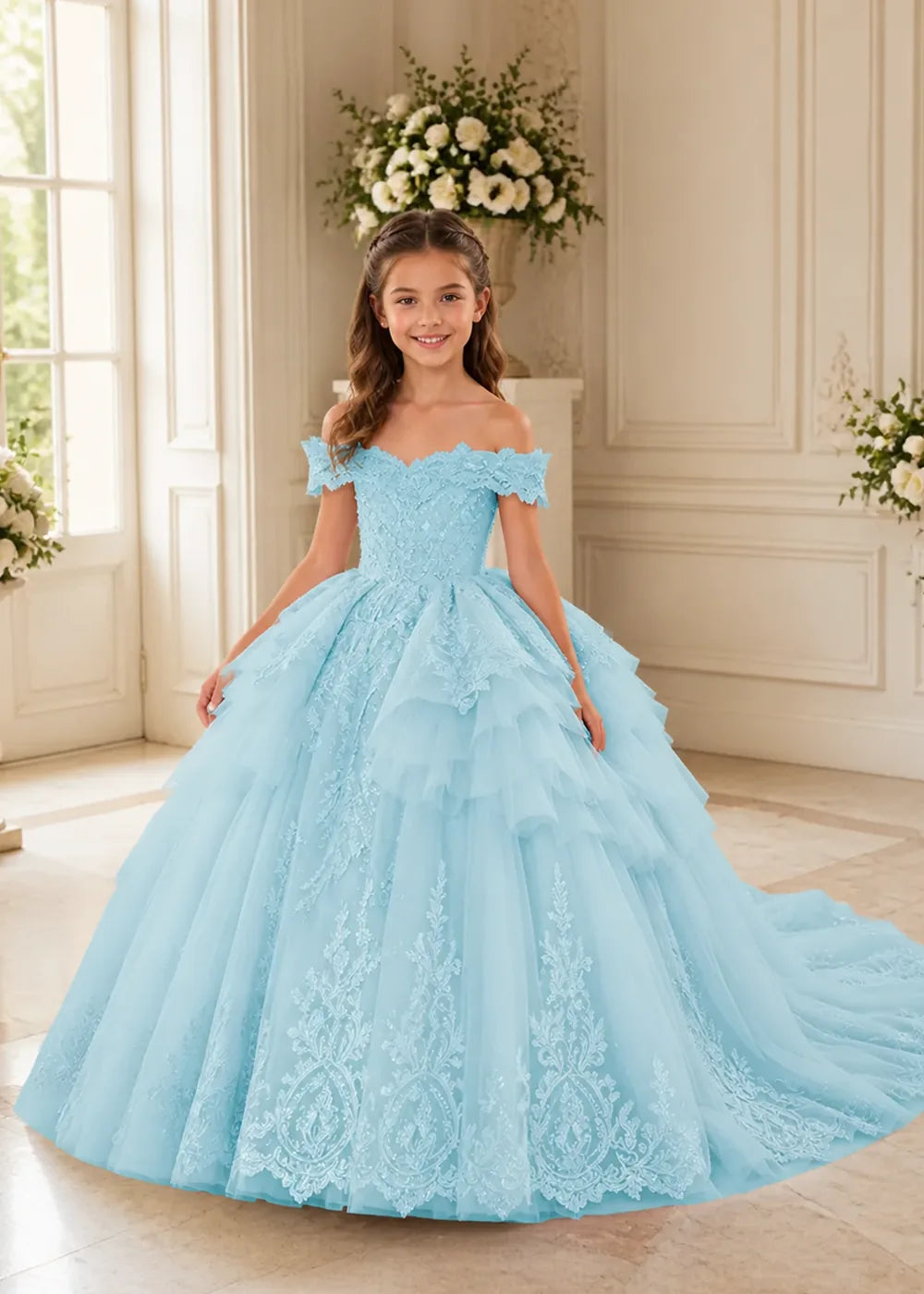Ruffled Off Shoulder Lace Princess Dress for Girls