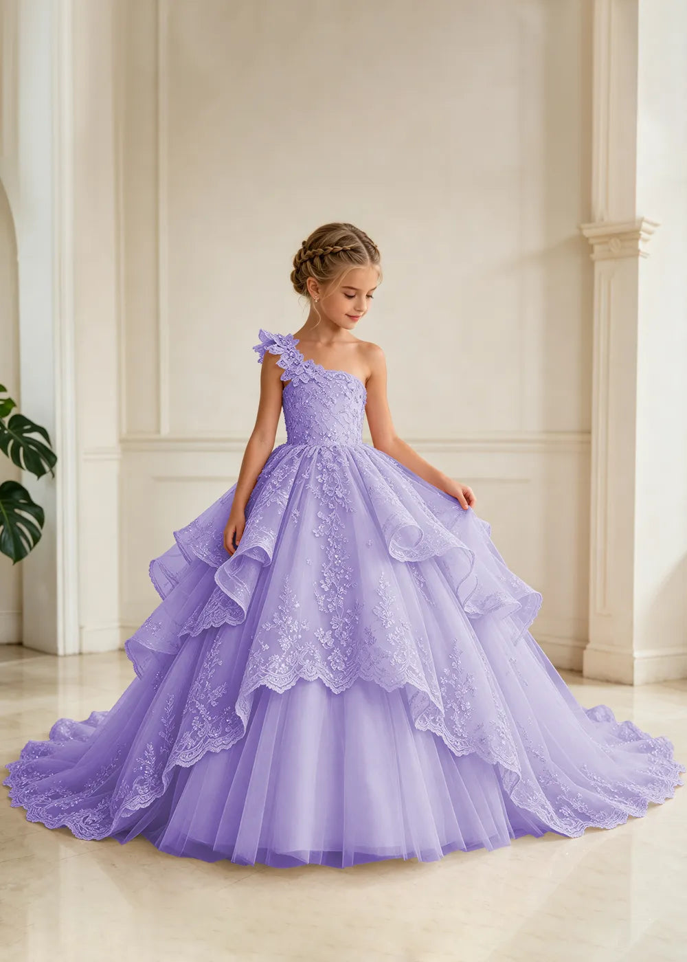 Floral Strap Tiered Lace Flower Girl Ball Gown Dress