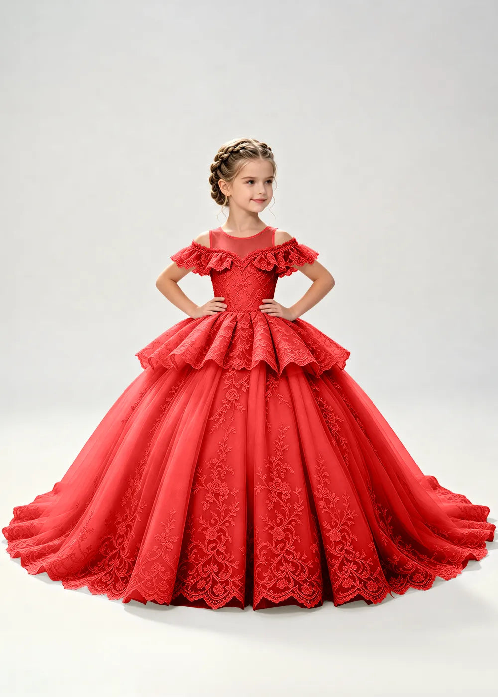 Illusion Neck Tiered Lace Princess Dress for Girls
