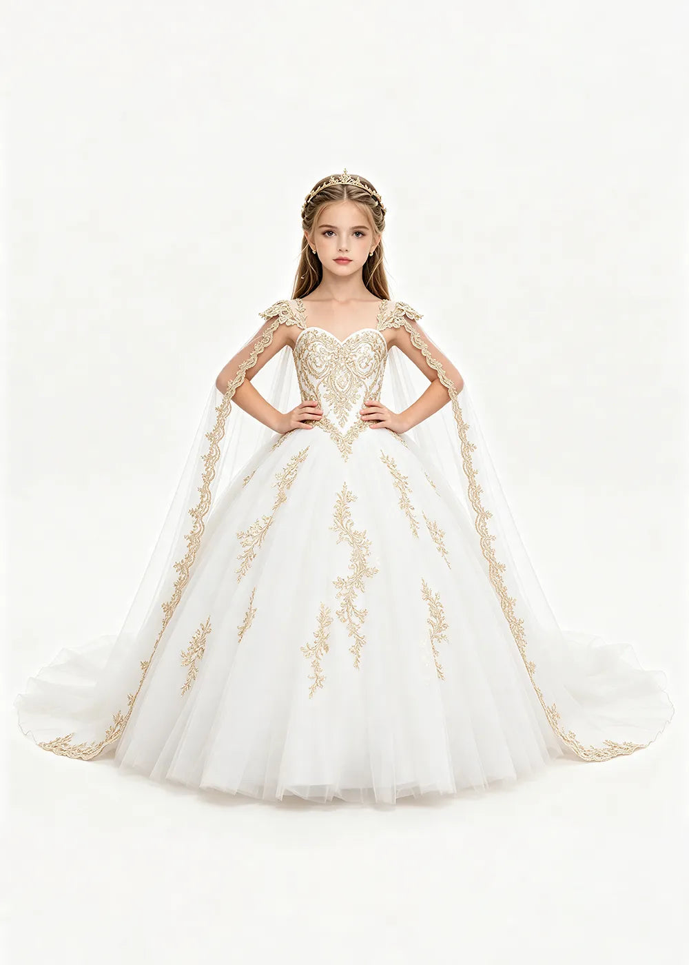 Gold Appliqué Cape Princess Dress for Girls