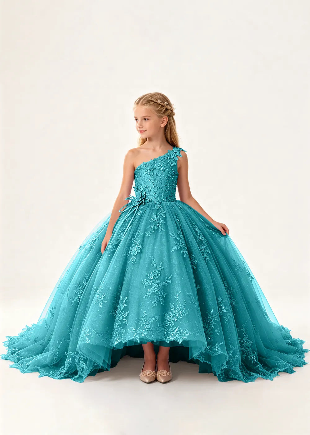One-Shoulder High-Low Lace Princess Dress for Girls