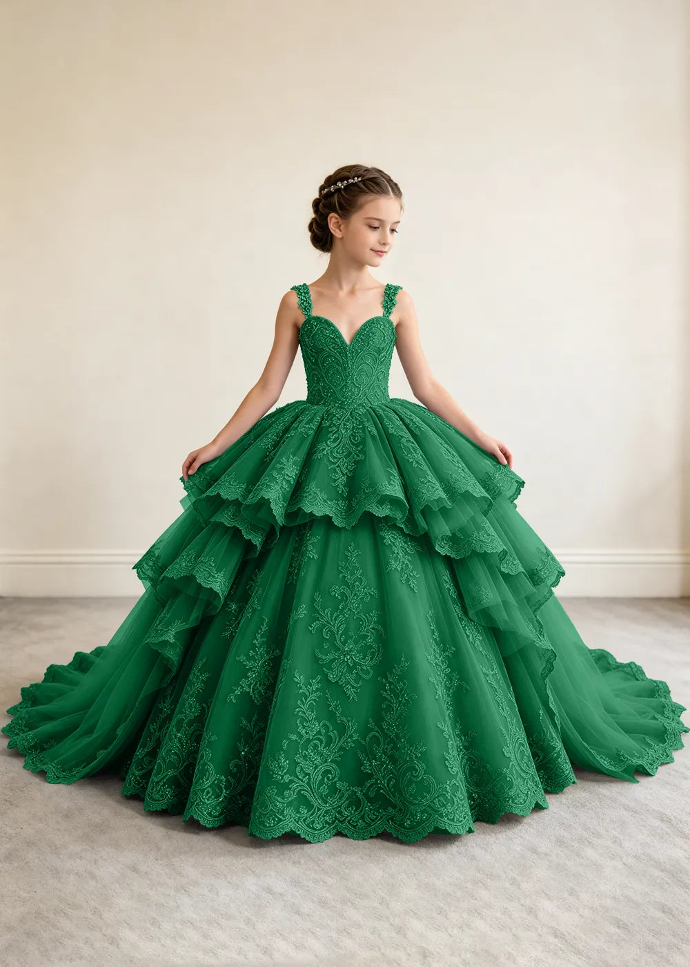 V-Neck Tiered Lace Flower Girl Ball Gown Dress