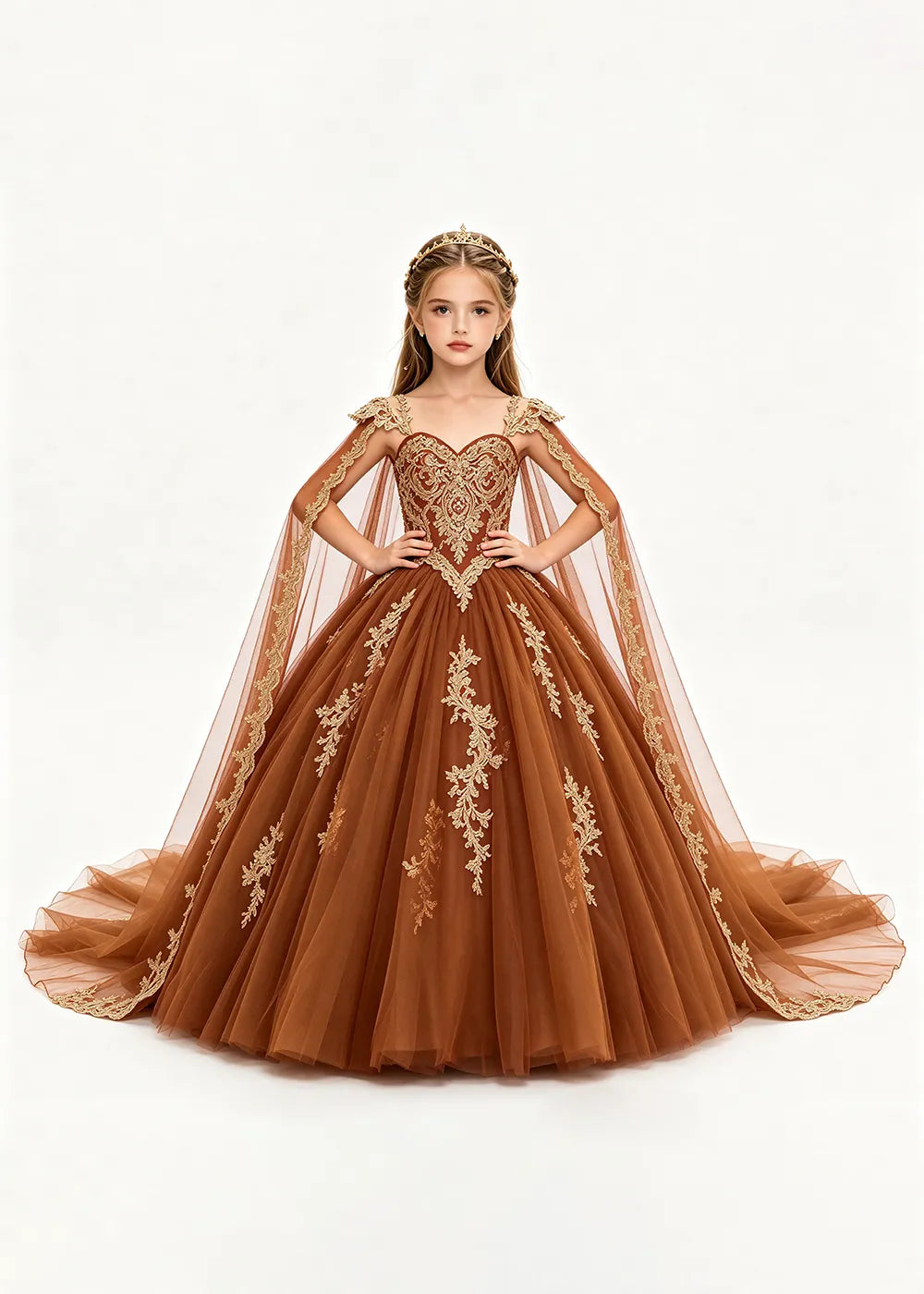 Gold Appliqué Cape Princess Dress for Girls