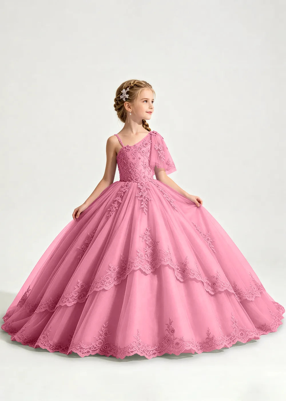 One-Shoulder Floral Lace Flower Girl Ball Gown Dress