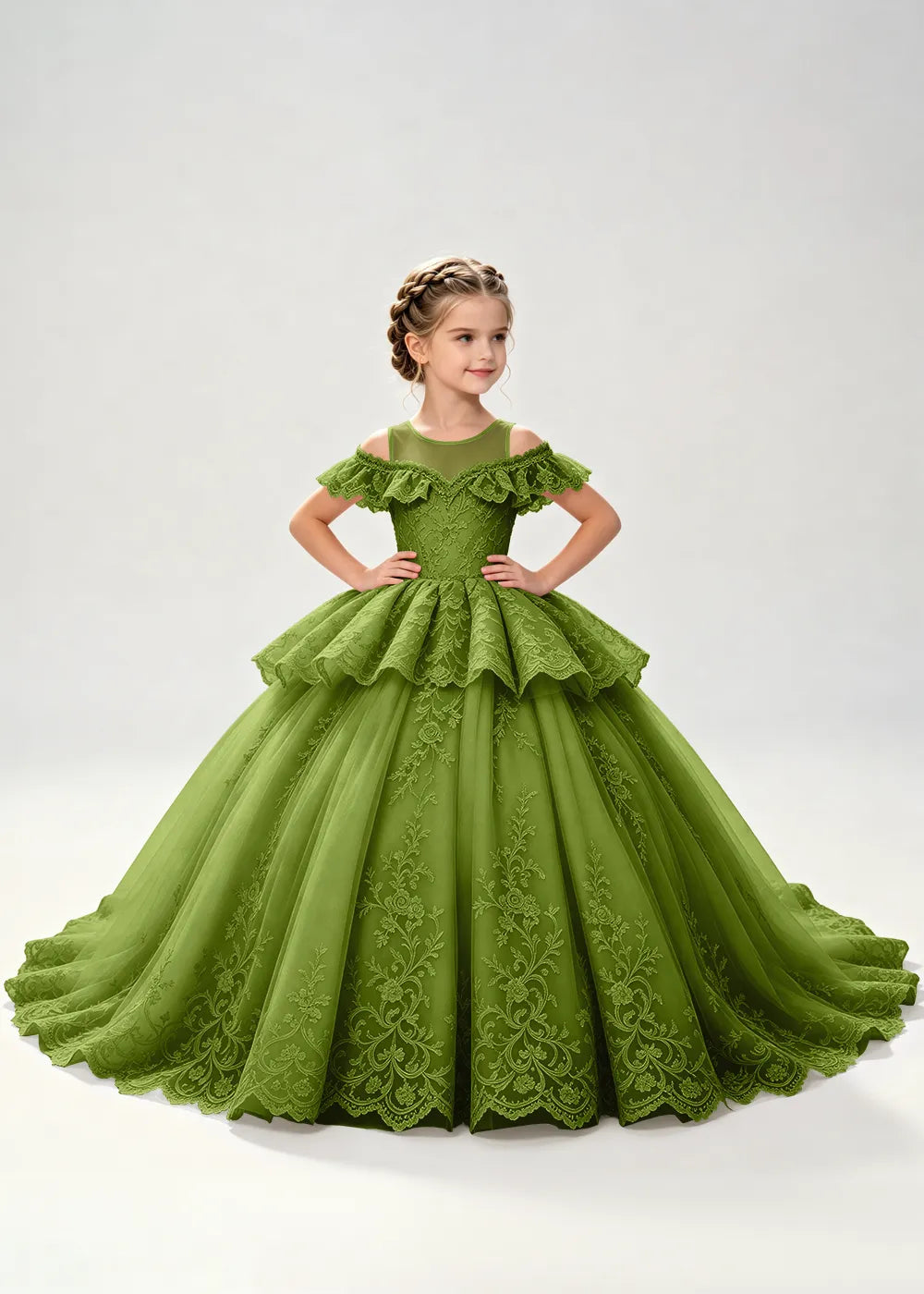 Illusion Neck Tiered Lace Flower Girl Ball Gown Dress