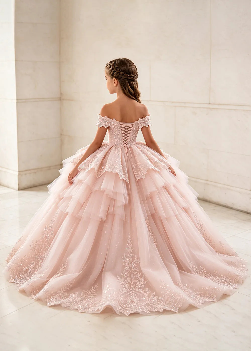Ruffled Off Shoulder Lace Flower Girl Ball Gown Dress