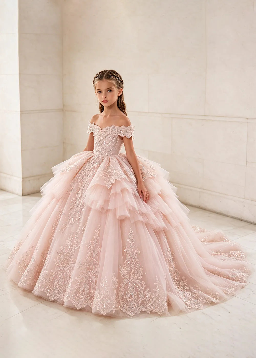 Ruffled Off Shoulder Lace Flower Girl Ball Gown Dress