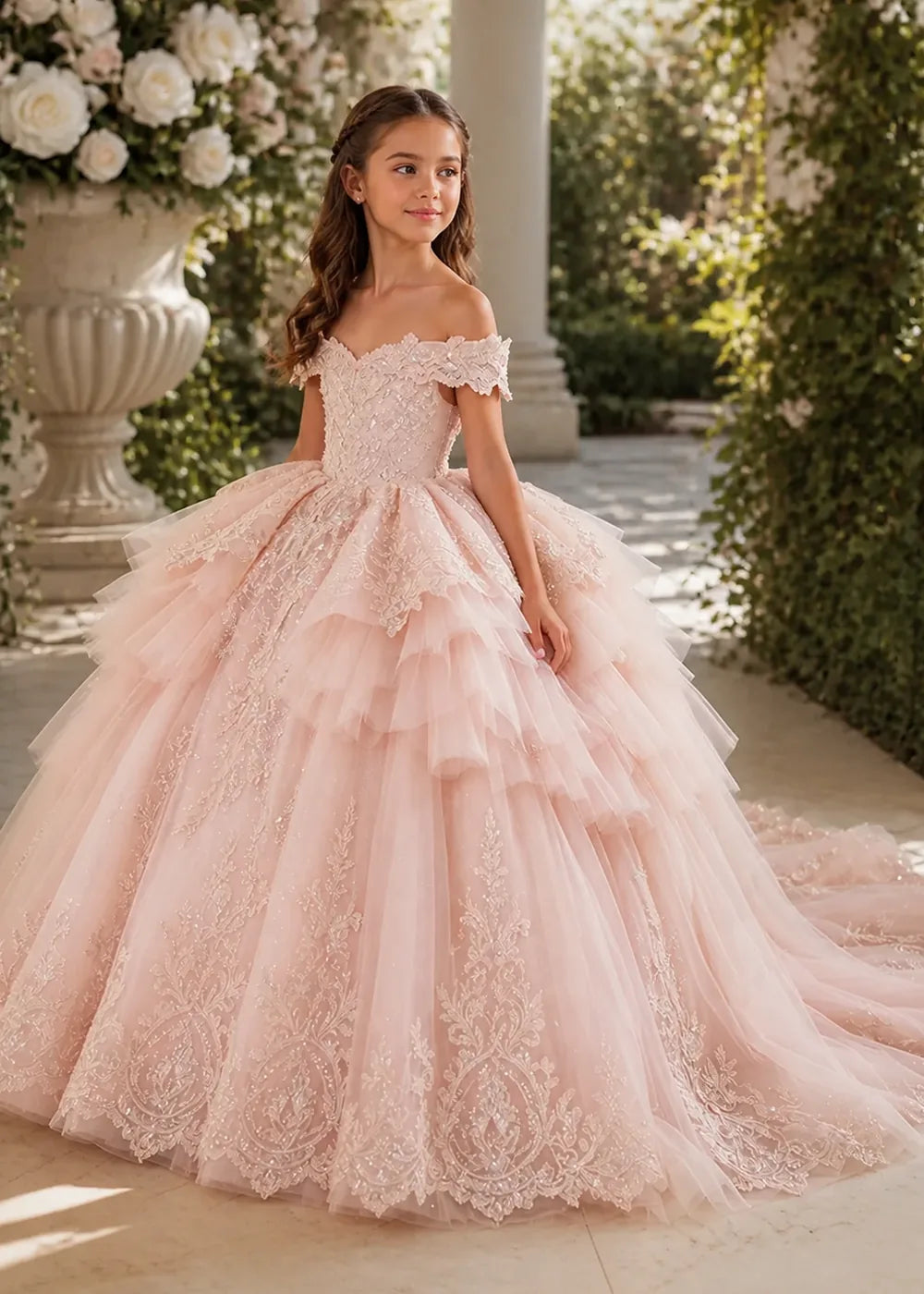 Ruffled Off Shoulder Lace Flower Girl Ball Gown Dress