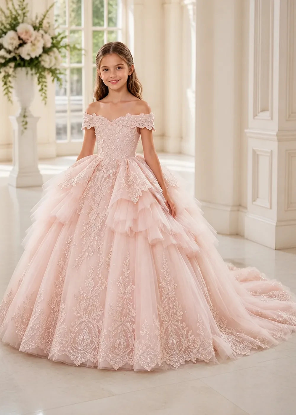 Ruffled Off Shoulder Lace Flower Girl Ball Gown Dress