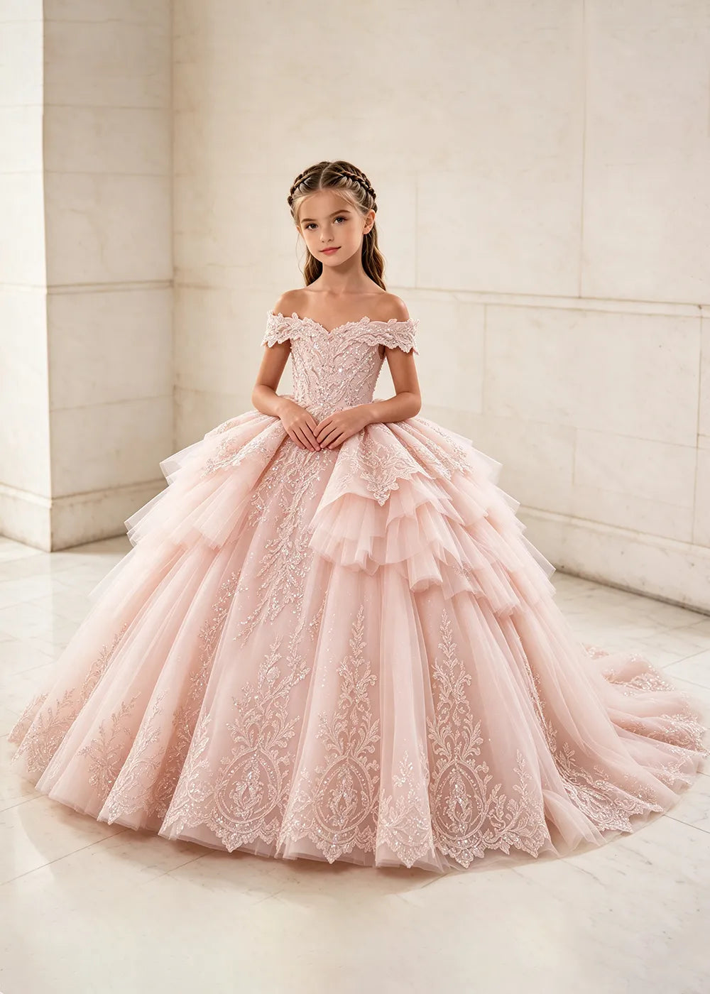 Ruffled Off Shoulder Lace Flower Girl Ball Gown Dress