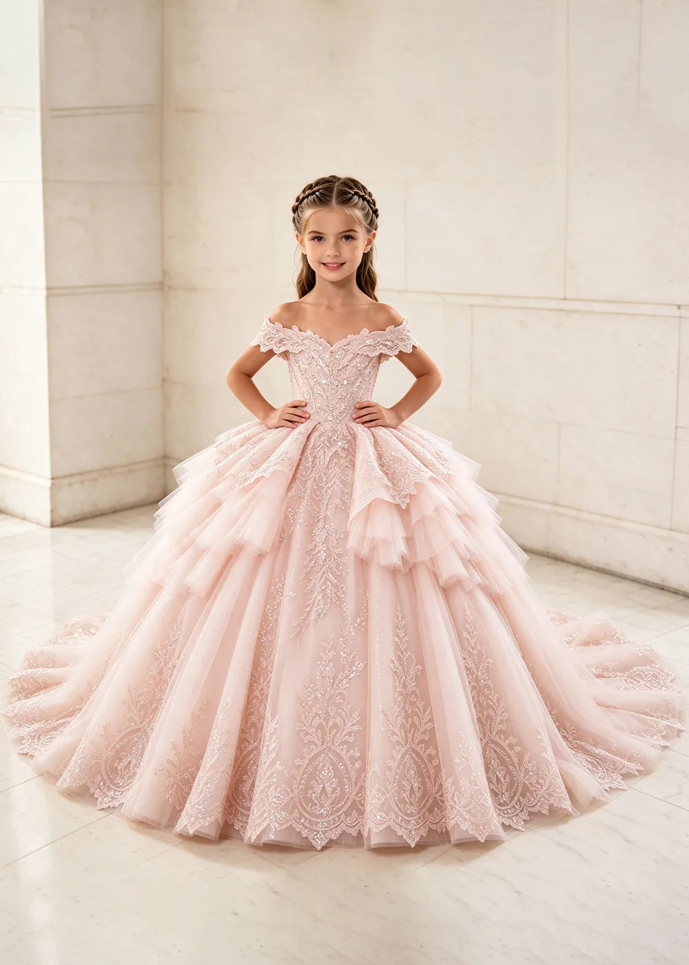Ruffled Off Shoulder Lace Flower Girl Ball Gown Dress