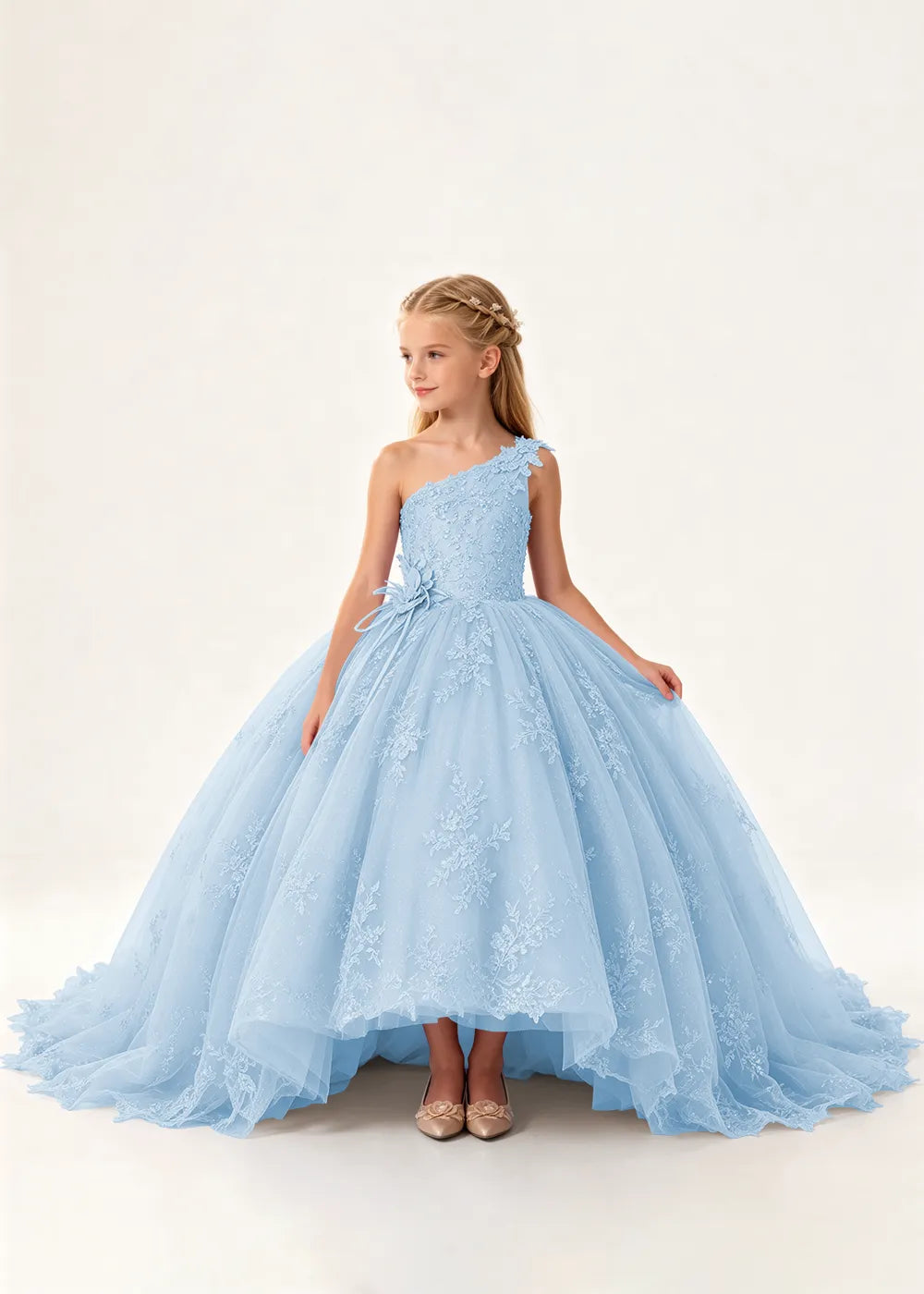 One-Shoulder High-Low Lace Princess Dress for Girls